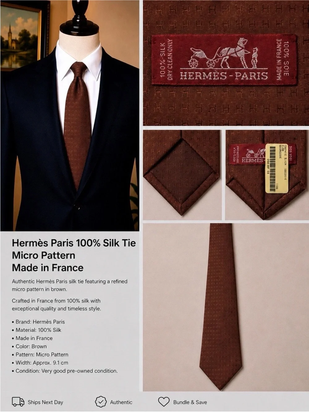 Hermès Brown Micro-Pattern Silk Tie